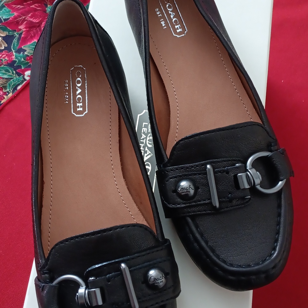 Coach Women's Black Leather Loafers with Silver Buckle,